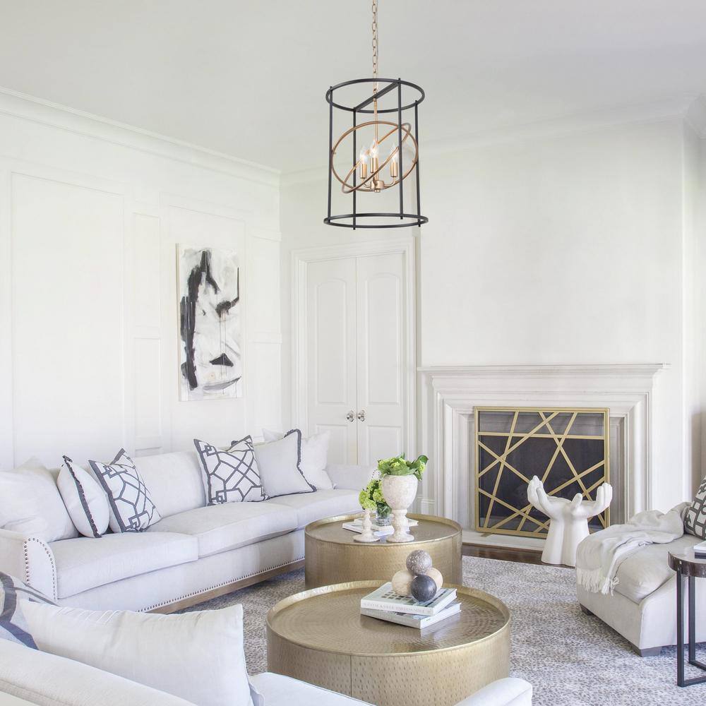 LNC Gold/Black Drum Candlestick Chandelier Modern 3-Light Transitional Cylinder Cage Pendant Light for Foyer Bedroom Kitchen