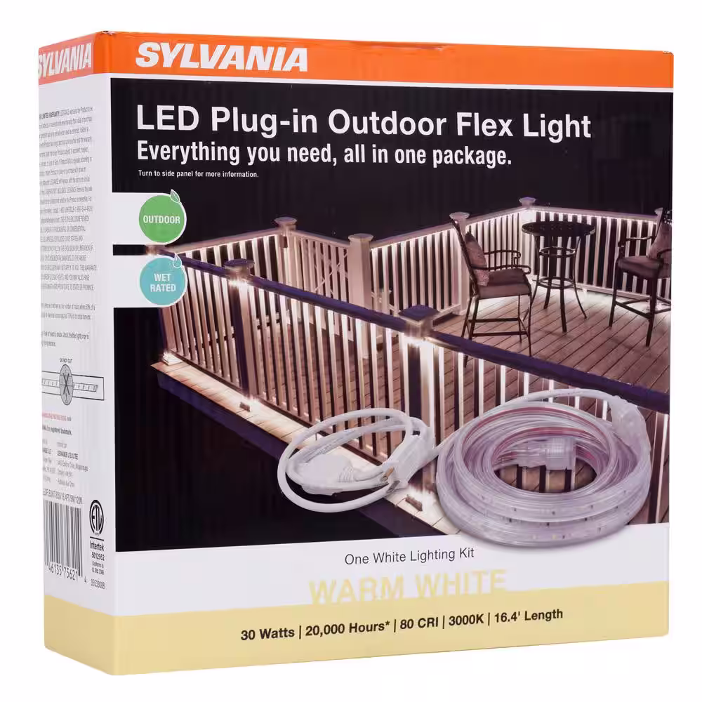 Sylvania 16.4 ft. 30-Watt Plug-In Outdoor Flex LED Landscape Lighting Set Deck Rail Light Bright White 3000K, White