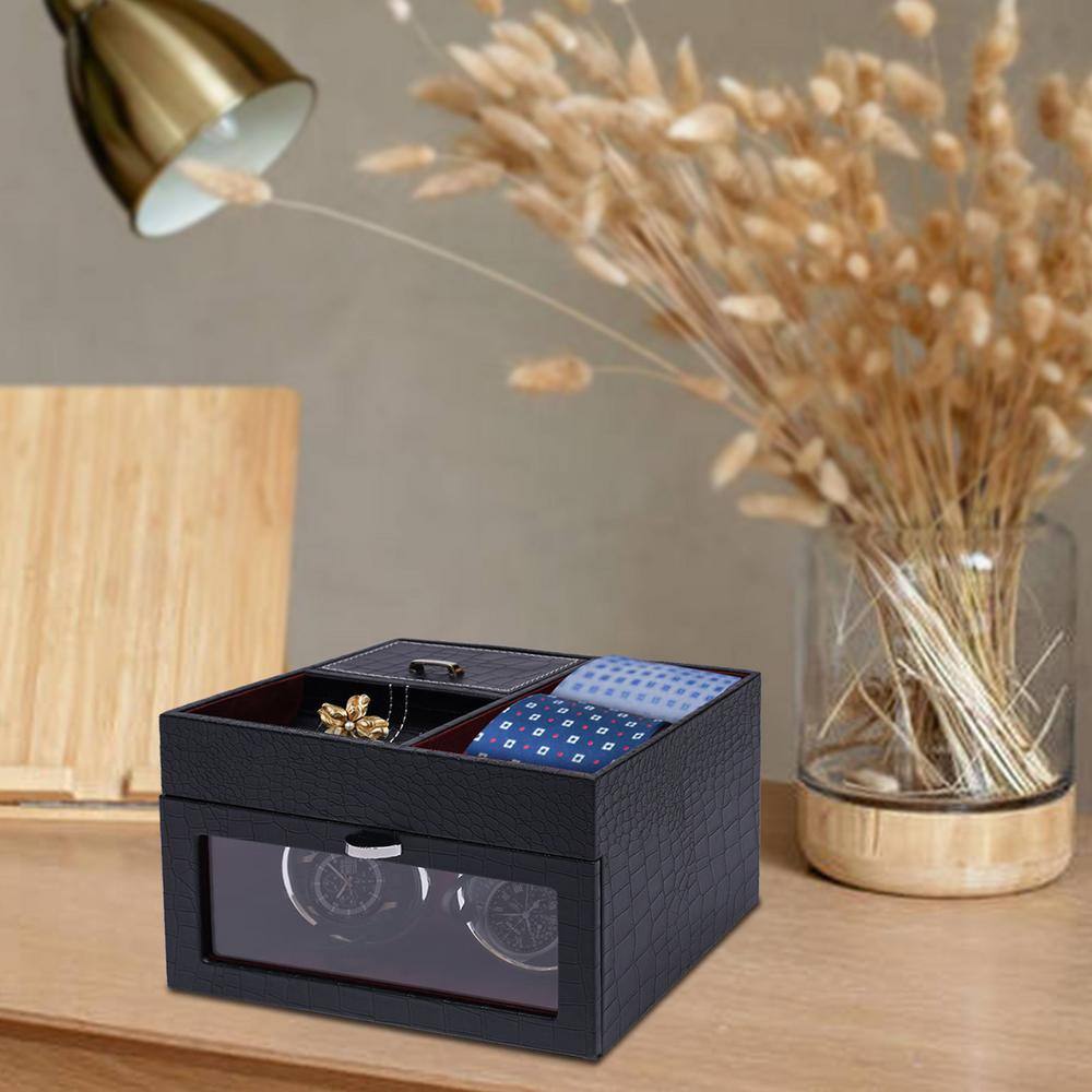 None Black PU Leather Automatic Watch Winder with Extra Watch Storages LED Illumination Silent Motor
