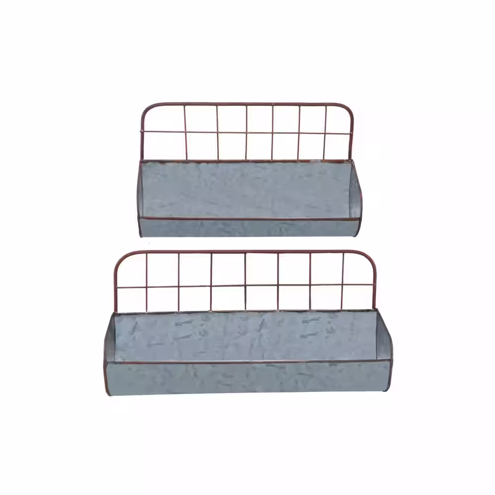 Benzara Galvanized Metal Gray Wall Iron Shelves with Wired Back (Pack of 2)