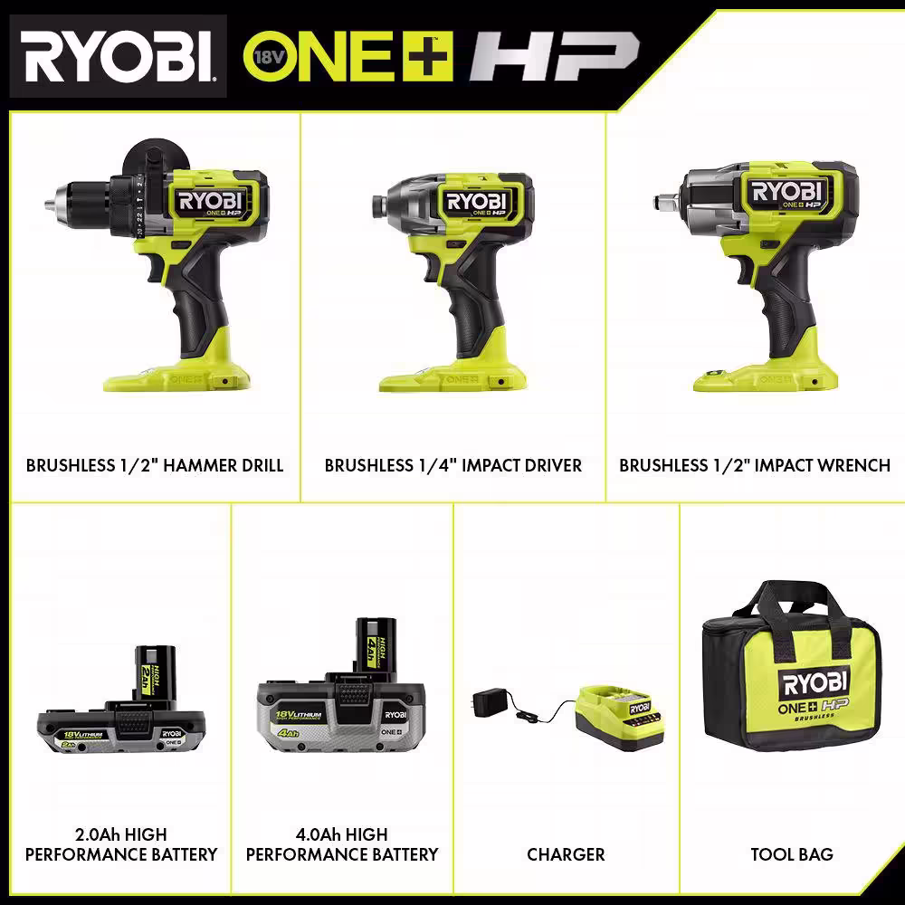 RYOBI ONE+ HP 18V Brushless Cordless 3-Tool Combo Kit w/Hammer Drill, Impact Driver, Impact Wrench, Batteries, Charger, & Bag