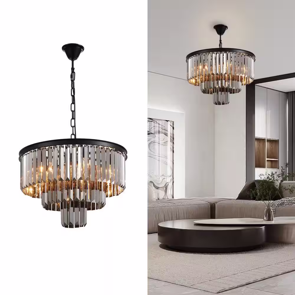 SILJOY 3-Tier Black and Smoked Crystal Chandelier 20 in. 6-Light Modern Kitchen Island Dining Table Pendant Lighting