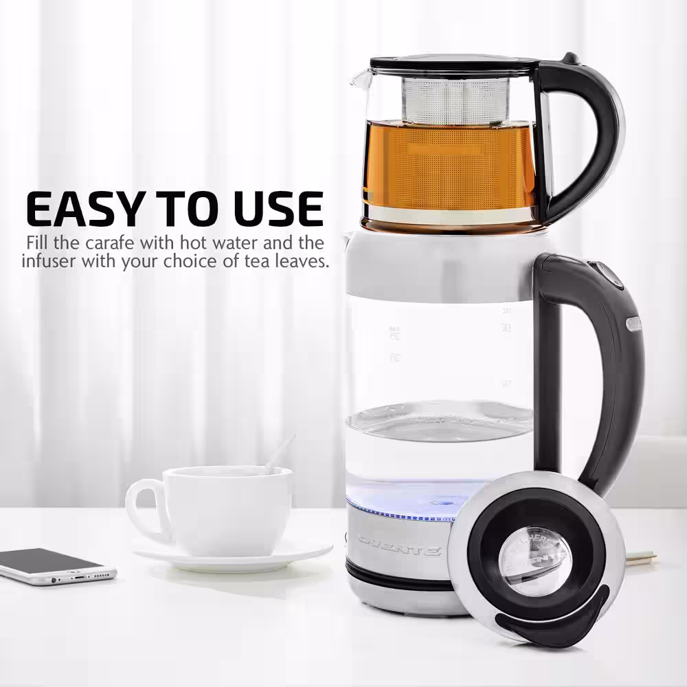 OVENTE 7-Cup 1.7 l Silver Glass Electric Kettle with ProntoFill Technology-Fill Up with Lid On Glass Reusable Teapot Infuser