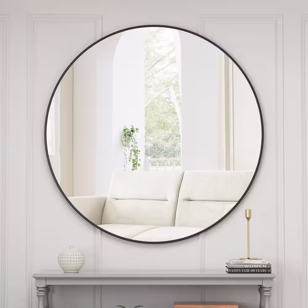 None 48 in. W x 48 in. H Round Framed Wall Mounted Black Circular Mirror for Bathroom, Living Room, Bedroom