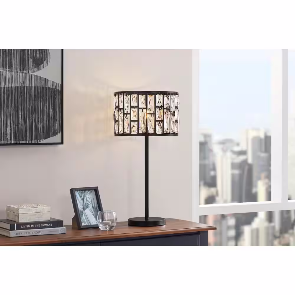 Hampton Bay Kristella 24 in. Black Table Lamp with Chrystal Shade