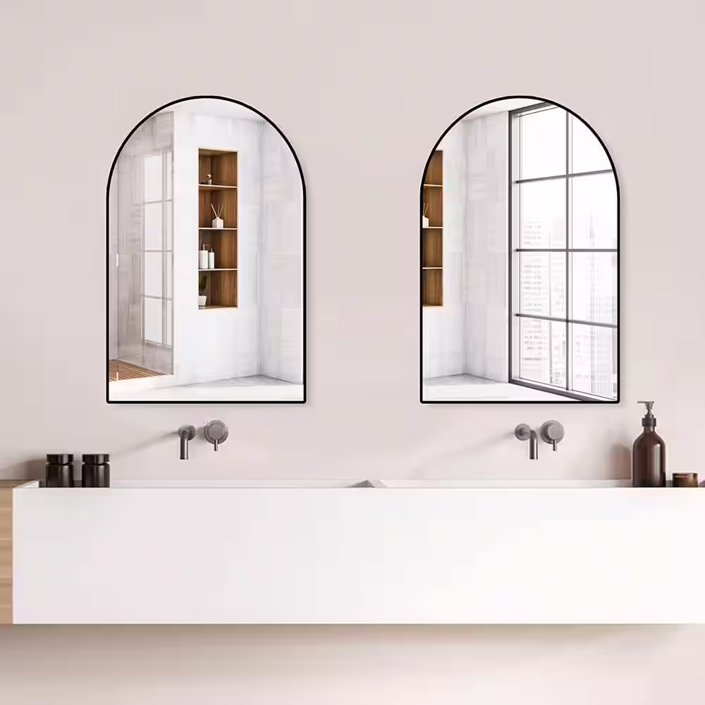 None 20 in. W x 30 in. H Medium Arched Metal Classic Accent Wall Mirror in Black