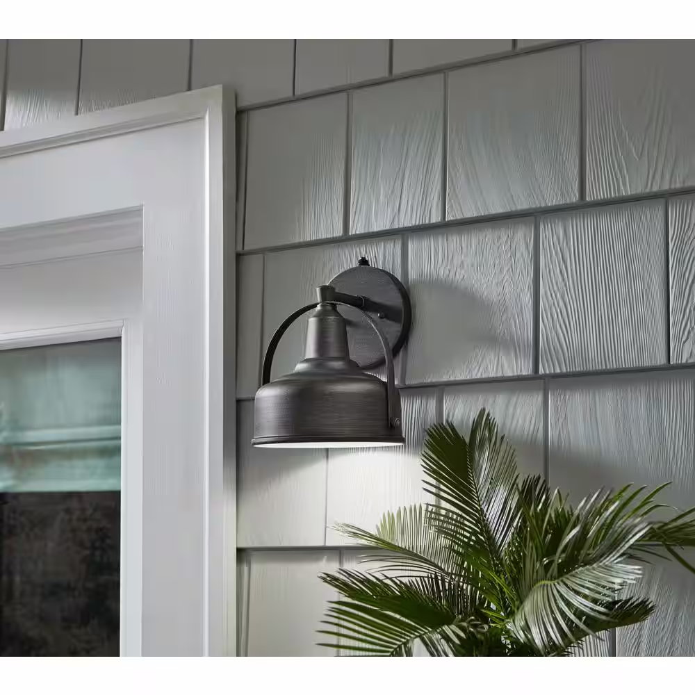 Hampton Bay Hampton Bay 9 in. Weathered Pewter Dusk to Dawn Integrated LED Outdoor Line Voltage Wall Sconce