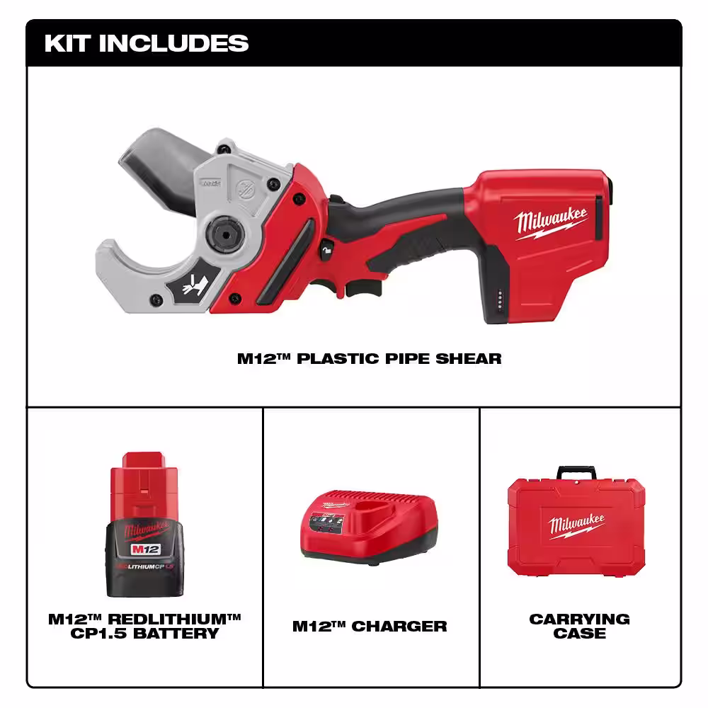 Milwaukee M12 12-Volt Lithium-Ion Cordless PVC Shear Kit with One 1.5 Ah Battery, Charger and Hard Case with M12 3/8 in. Ratchet
