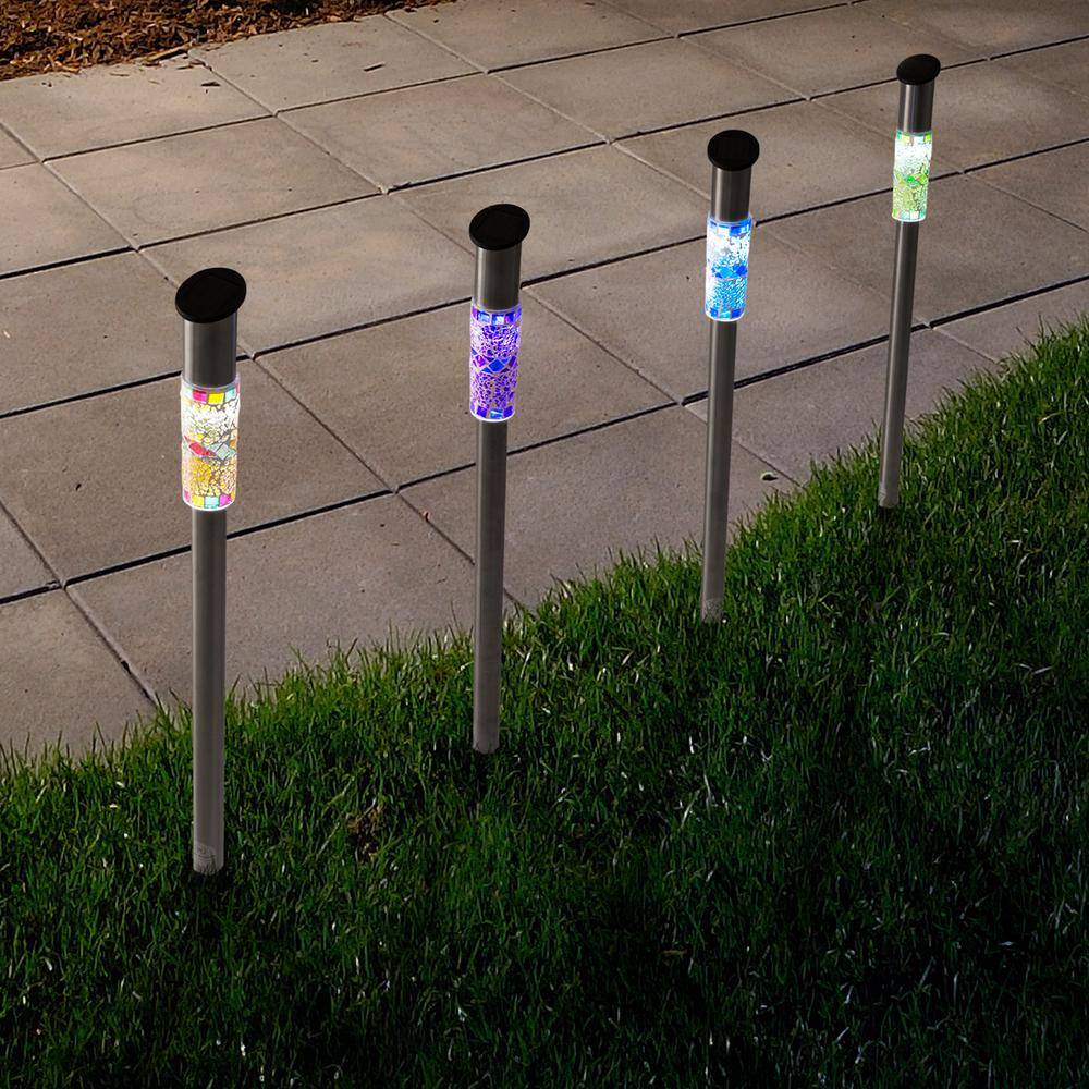 Pure Garden Stainless Steel Outdoor Integrated LED Landscape Path Solar Powered Mosaic Column Lights (4-Pack)
