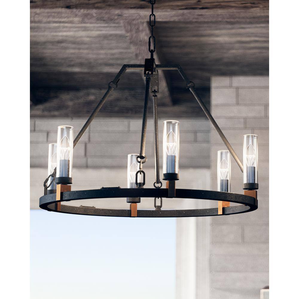 Generation Lighting Landen Medium 6-Light Antique Forged Iron Transitional Candlestick Wagon Wheel Outdoor Hanging Chandelier