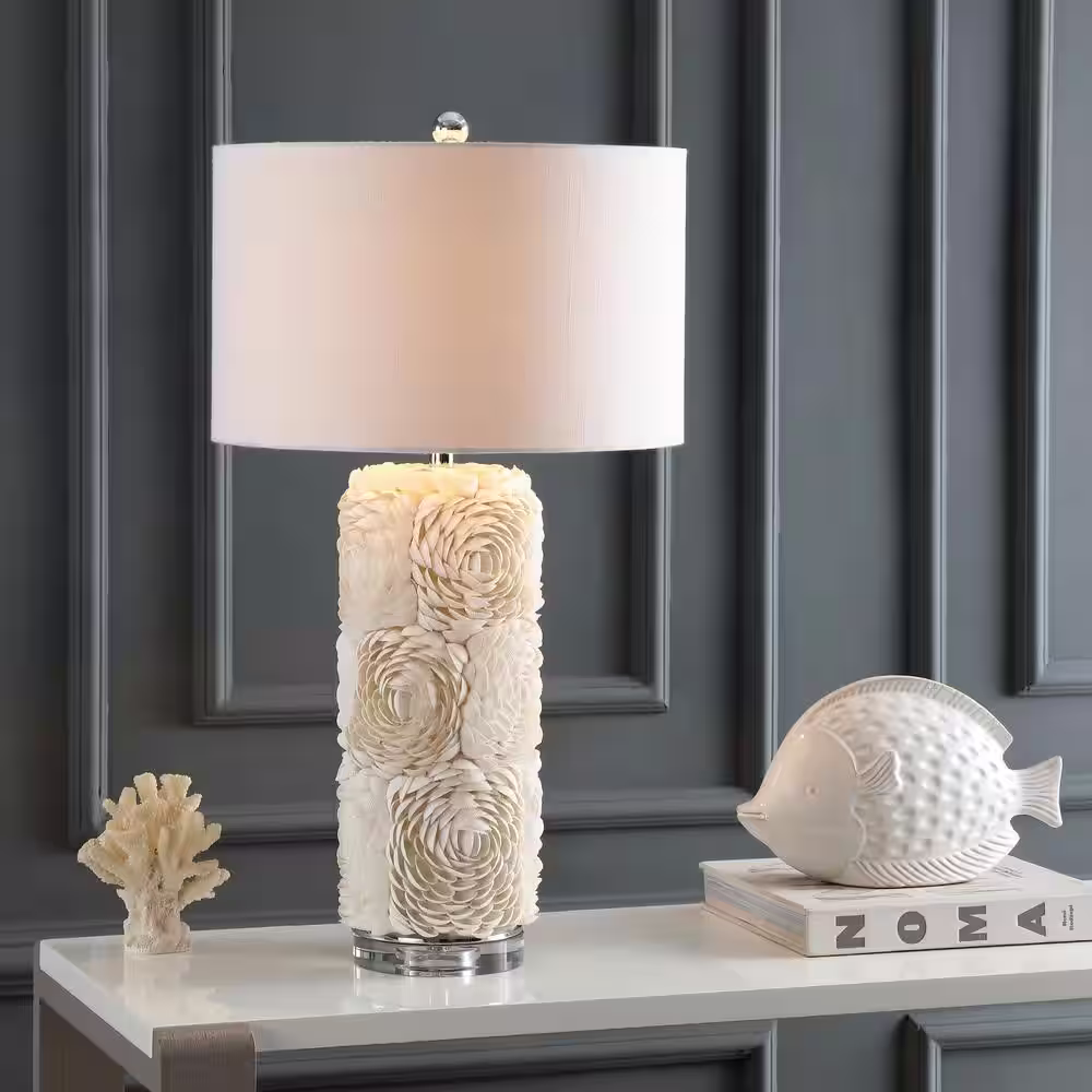 None Rosette 28.5 in. Cream Seashell/Resin/Crystal LED Table Lamp