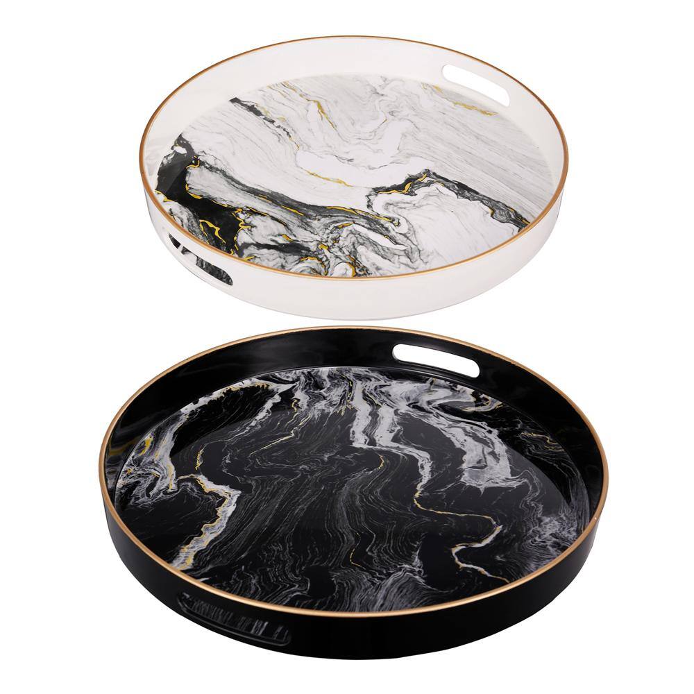 A & B Home Quinn Round Black, White, Gold Trays (Set of 2)