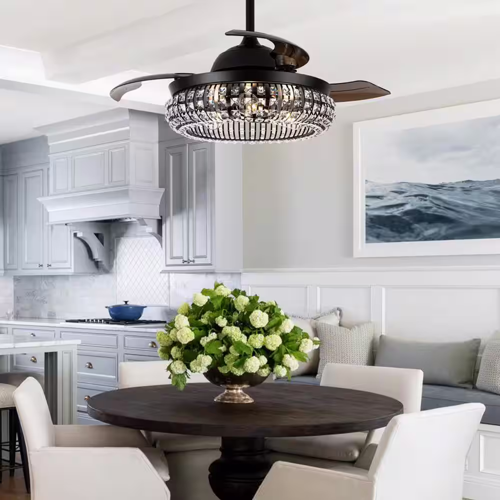 Parrot Uncle 42 in. Modern Black Retractable 3-Blade Crystal Ceiling Fan Chandelier with Remote Control and Light Kit