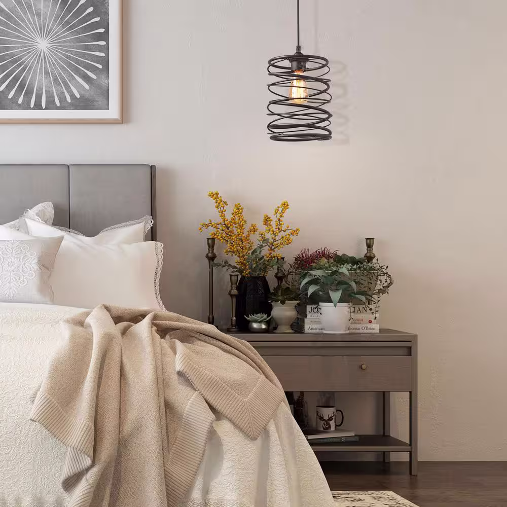 LNC 1-Light Industrial Farmhouse Bronze Pendant Geometric Lantern Cage Drum Island Pendant Light with Spiral Metal
