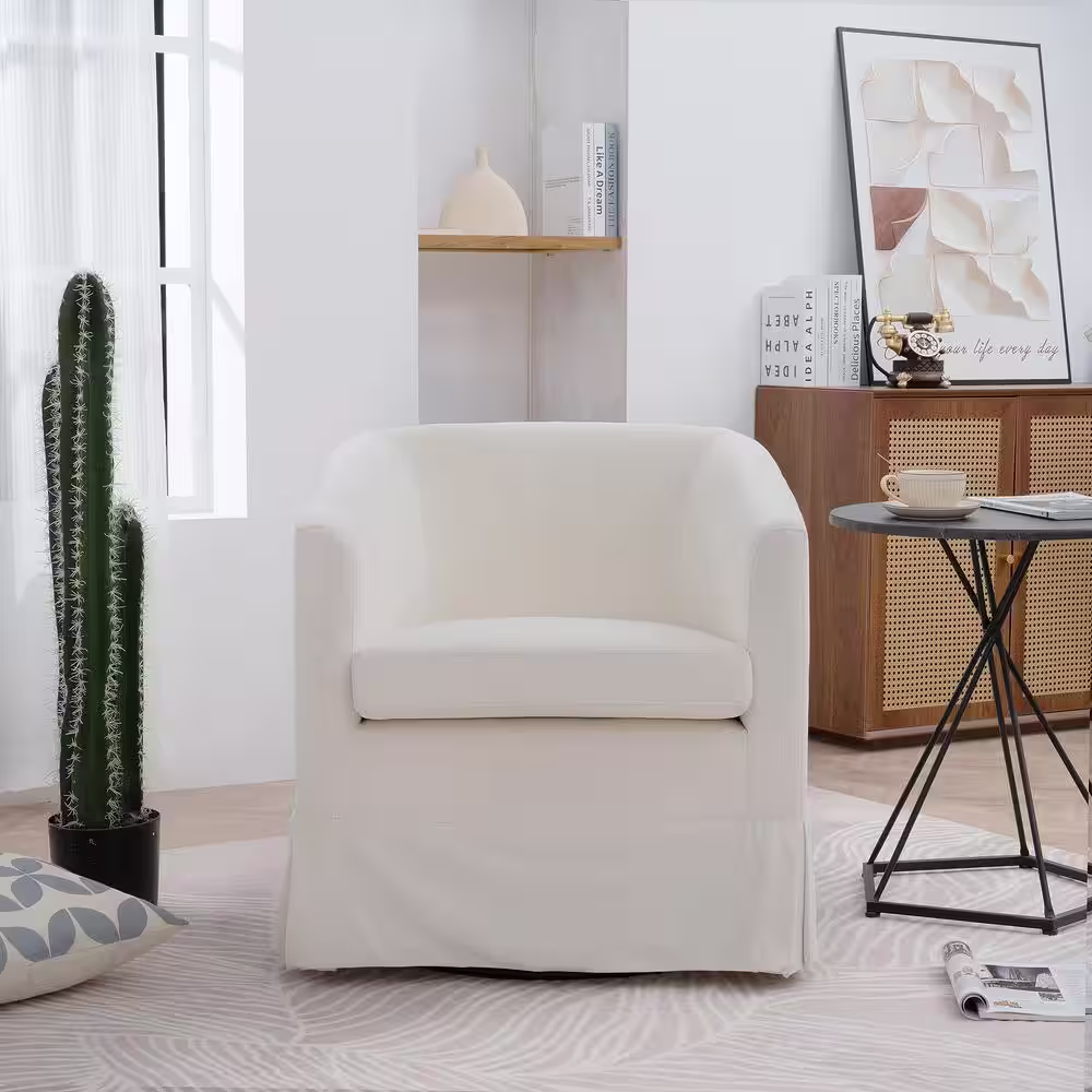 None Ergonomic White Fabric Upholstered 360Â° Swivel Accent Chair Armchair Barrel Chair Sofa for Living Room Bedroom