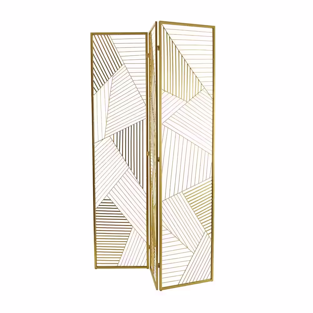 Litton Lane 6 ft. Gold 3 Panel Geometric Hinged Foldable Partition Room Divider Screen