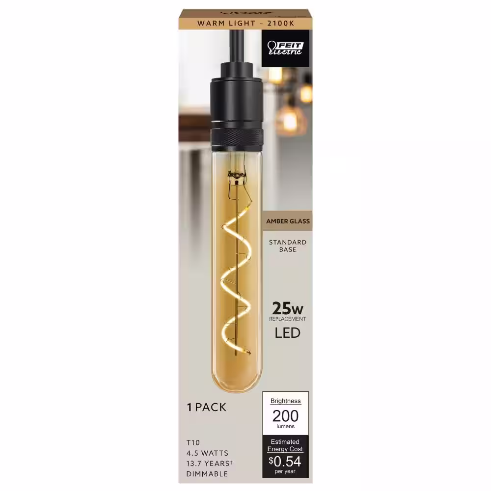 Feit Electric 25-Watt Equivalent T10 Dimmable Spiral Filament Large Amber Glass E26 Vintage Edison LED Light Bulb Warm White (12-Pack)