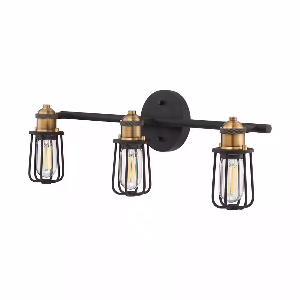 Nathan James Rori 23 in. 3-Light Black Vanity Light Indoor Bathroom with Farmhouse Cage Sconce and Brass Details