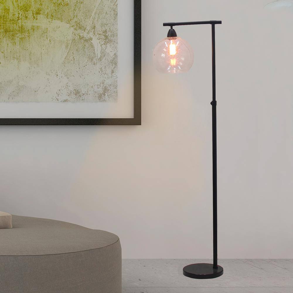 None 63 in. Stationary Downbridge Floor Lamp in Black Metal/Clear Glass and Black Marble