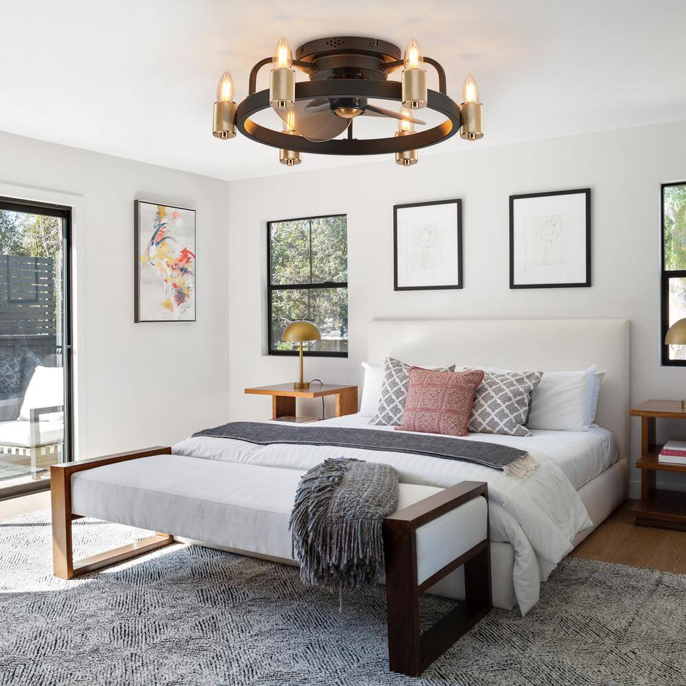 None 20 in. Gold Flush Mount Caged Ceiling Fan with Lights and Remote Farmhouse Low Profile Ceiling Fan for Bedroom