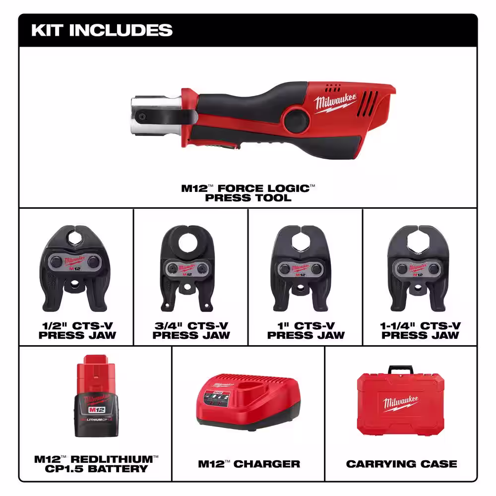 Milwaukee M12 12-Volt Lithium-Ion Force Logic Cordless Press Tool Kit w/ 1/2 in. - 1-1/4in. CTS Jaws, (2) 1.5Ah Batteries & Case