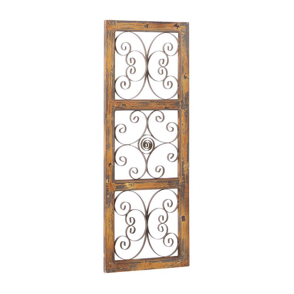 Litton Lane Wood Brown Window Inspired Scroll Wall Decor with Metal Scrollwork Relief