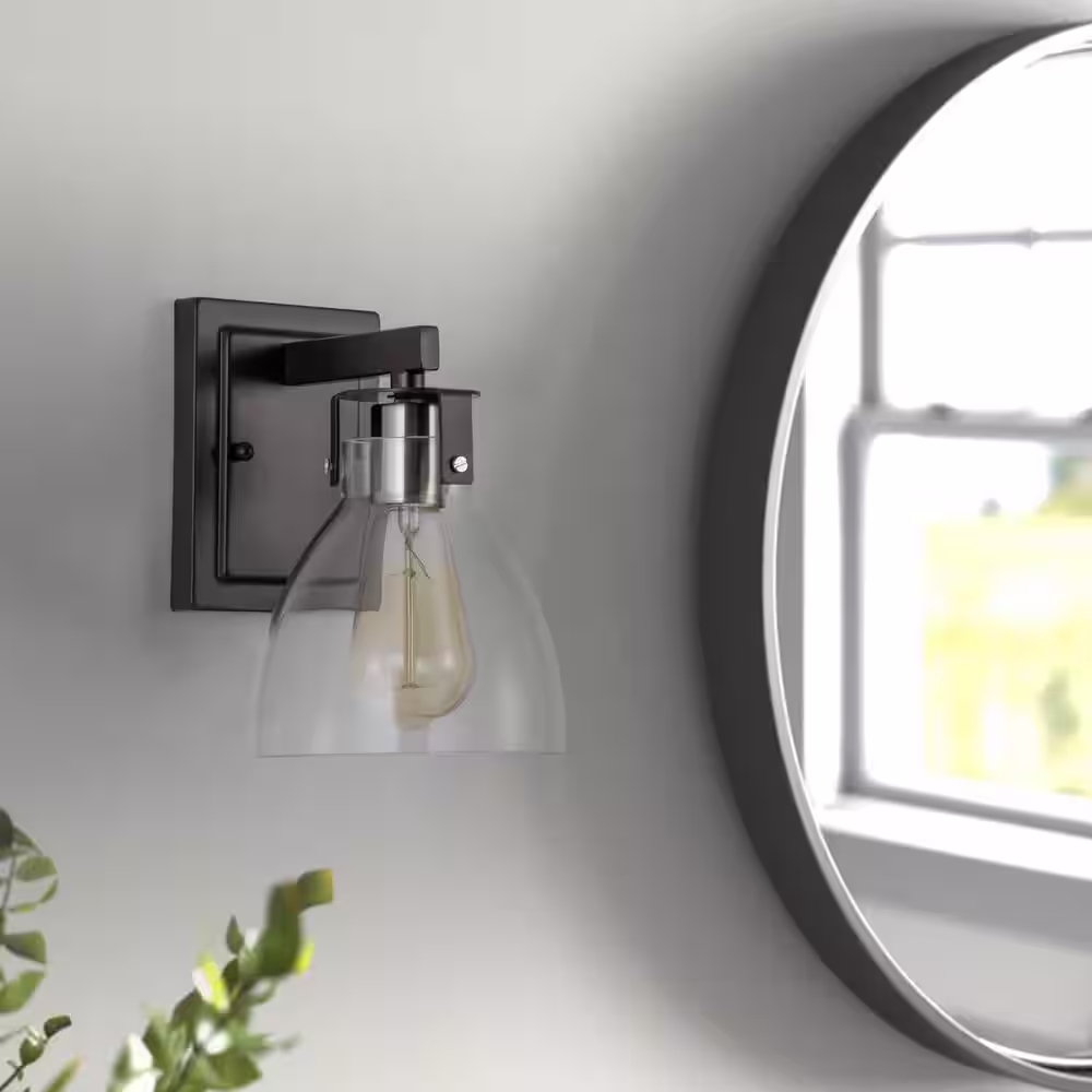 None 1-Light Black Wall Sconce with Clear Dome Glass Shade