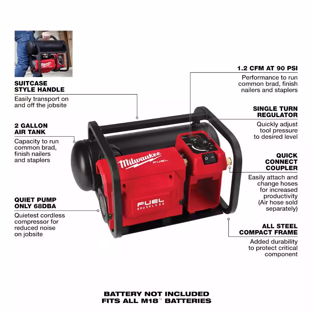 Milwaukee M18 FUEL 18-Volt Lithium-Ion Cordless 2 Gal. Compact Electric Quiet Air Compressor (Tool-Only) and Tinted Safety Glasses