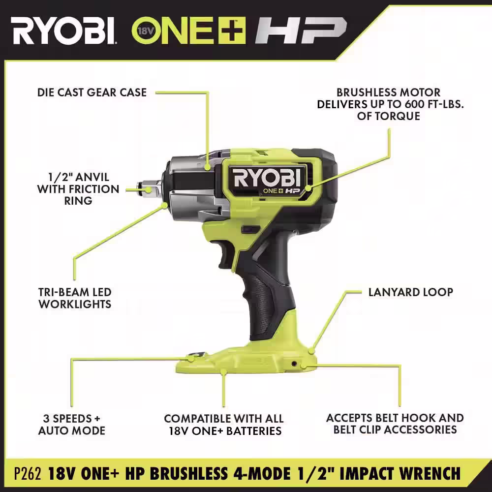RYOBI ONE+ 18V HIGH PERFORMANCE Kit w/ (2) 4.0 Ah Batteries, 2.0 Ah Battery, 2-Port Charger, & ONE+ HP Brushless Impact Wrench