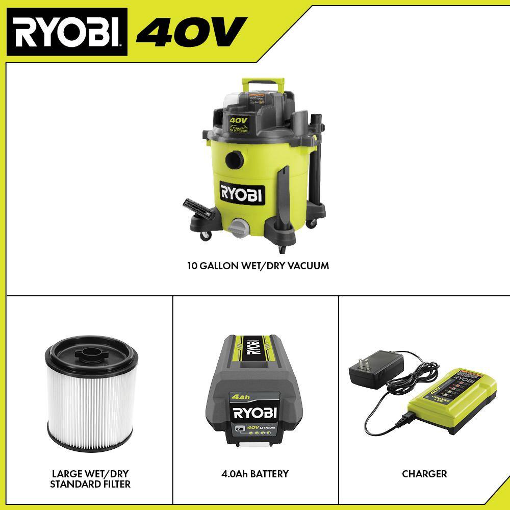 RYOBI 40V 10 Gal. Cordless Wet/Dry Vacuum Kit with 40V 4.0 Ah Battery, 40V Charger, and Replacement Filter
