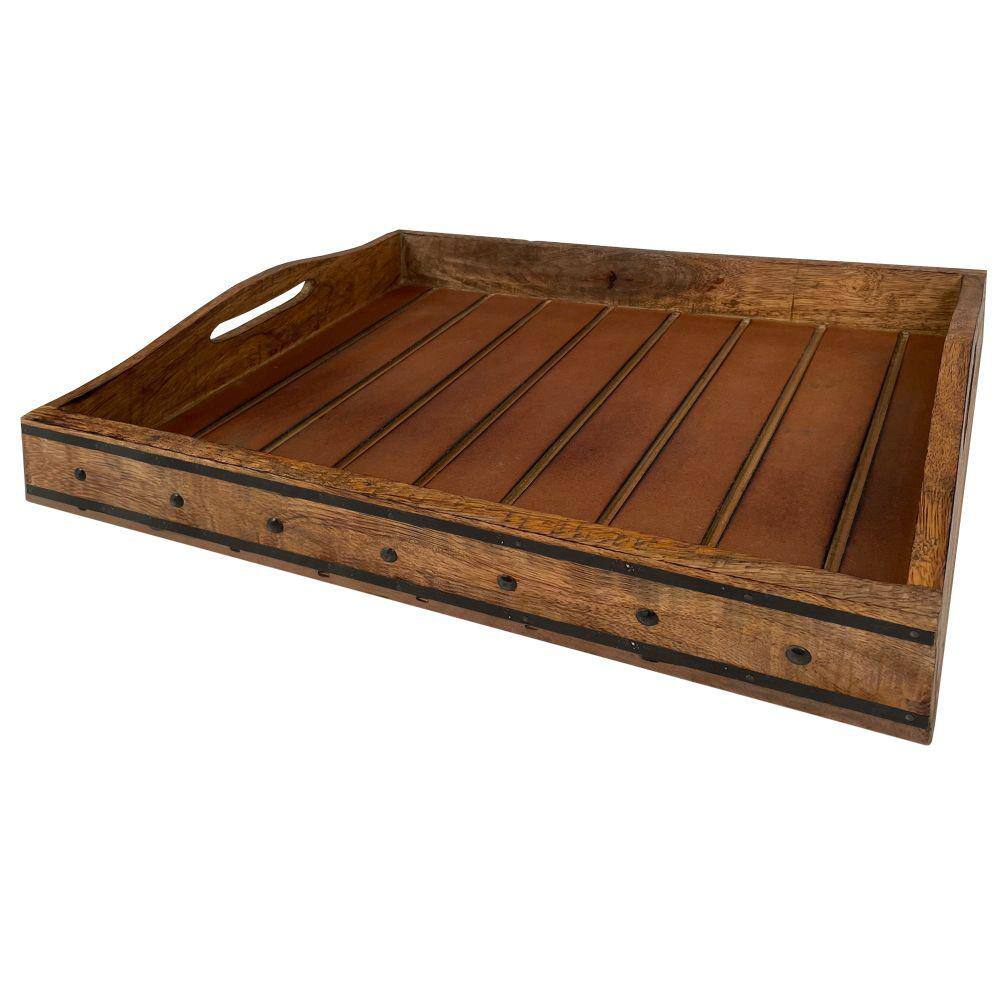 THE URBAN PORT Brown Rectangular Farmhouse Wooden Tray with Rivets Accent and Metal Trim