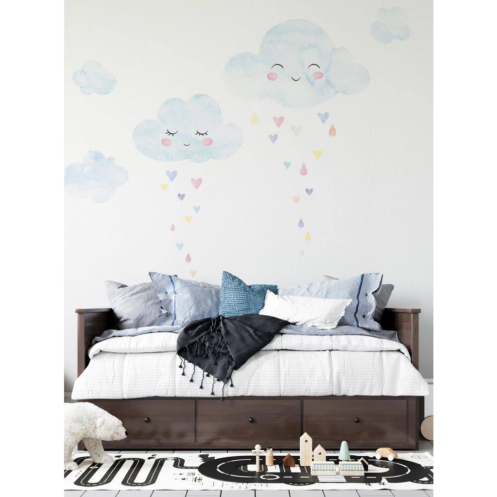 None Watercolor Clouds with Heart Rain Peel and Stick Vinyl Wall Stickers