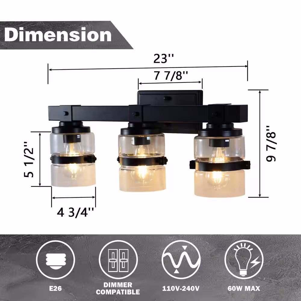 None Merrin 23 in. 3-Light Black Bathroom Vanity Light with Metal decorative Shades