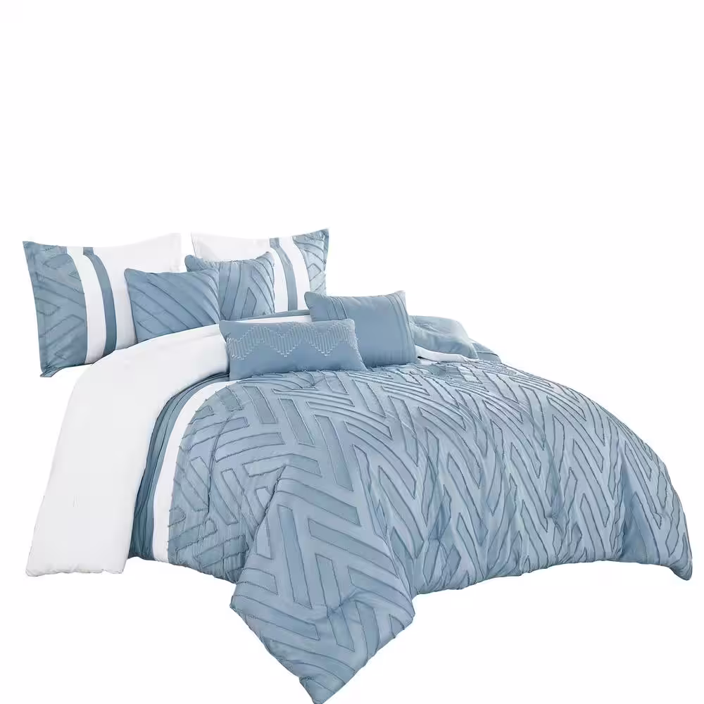 Shatex 7 Piece All Season Bedding Queen size Comforter Set, Ultra Soft Polyester Elegant Bedding Comforters Blue