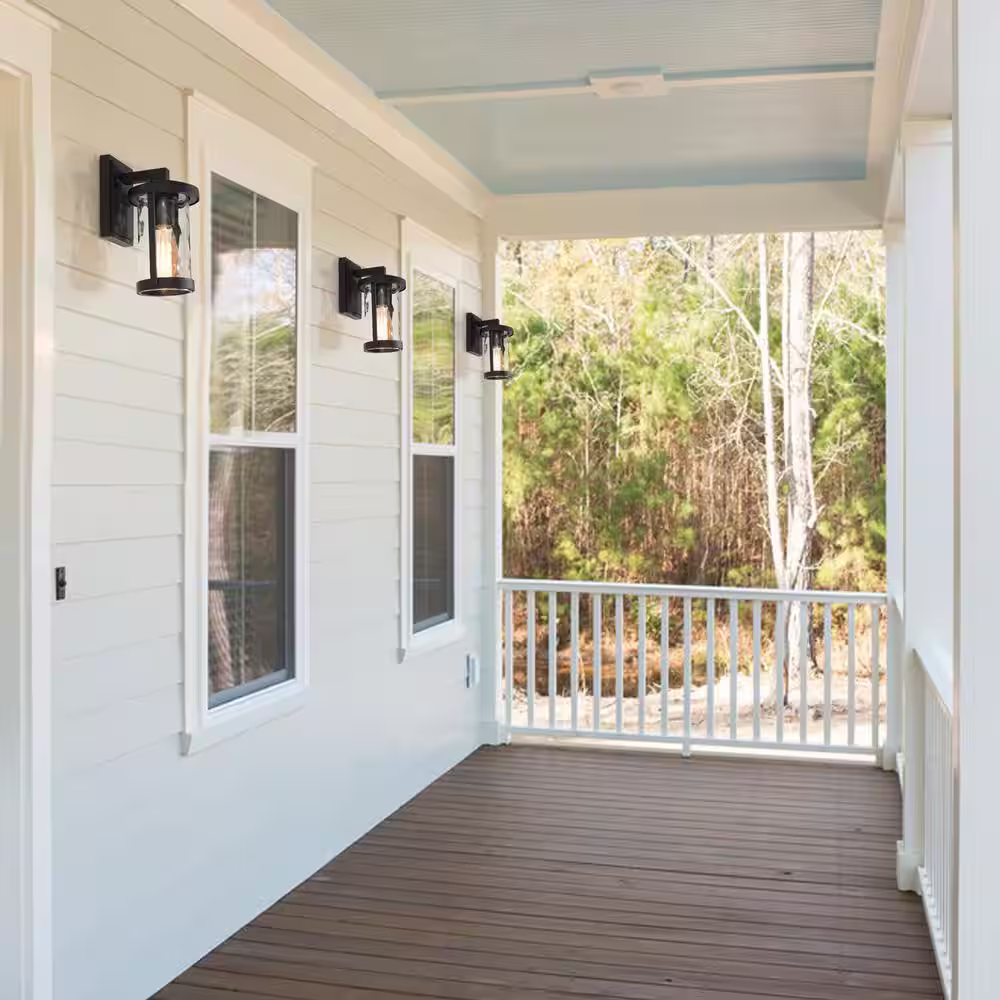 Uolfin Modern Cylinder Outdoor Porch Wall Lantern Sconce 1-Light Matte Black Farmhouse Patio Wall Light with Water Glass Shade