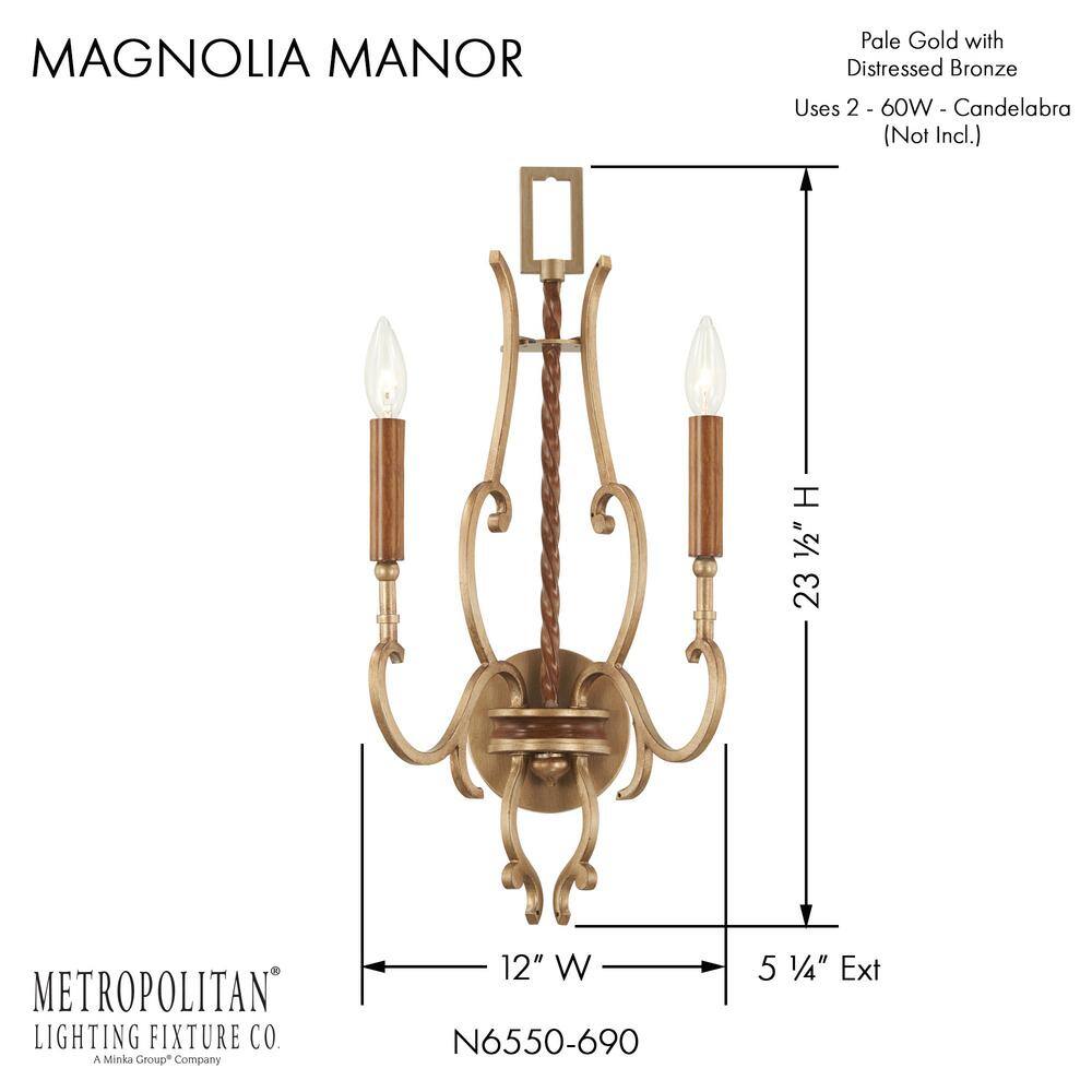 Metropolitan Magnolia Manor 2-Light Pale Gold with Distressed Bronze Wall Sconce