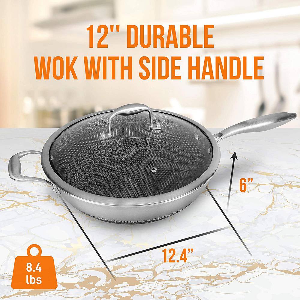 NutriChef Large 12 in. Black Stainless Steel Woks with Triply DAKIN Etching Non-Stick Coating and Side Handle