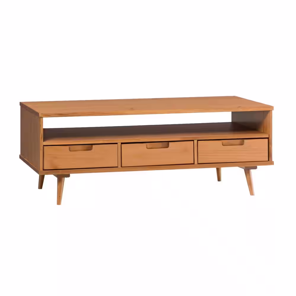 Welwick Designs 48 in. Caramel Rectangle Solid Wood Mid-Century Modern Storage Coffee Table with 3 Drawers