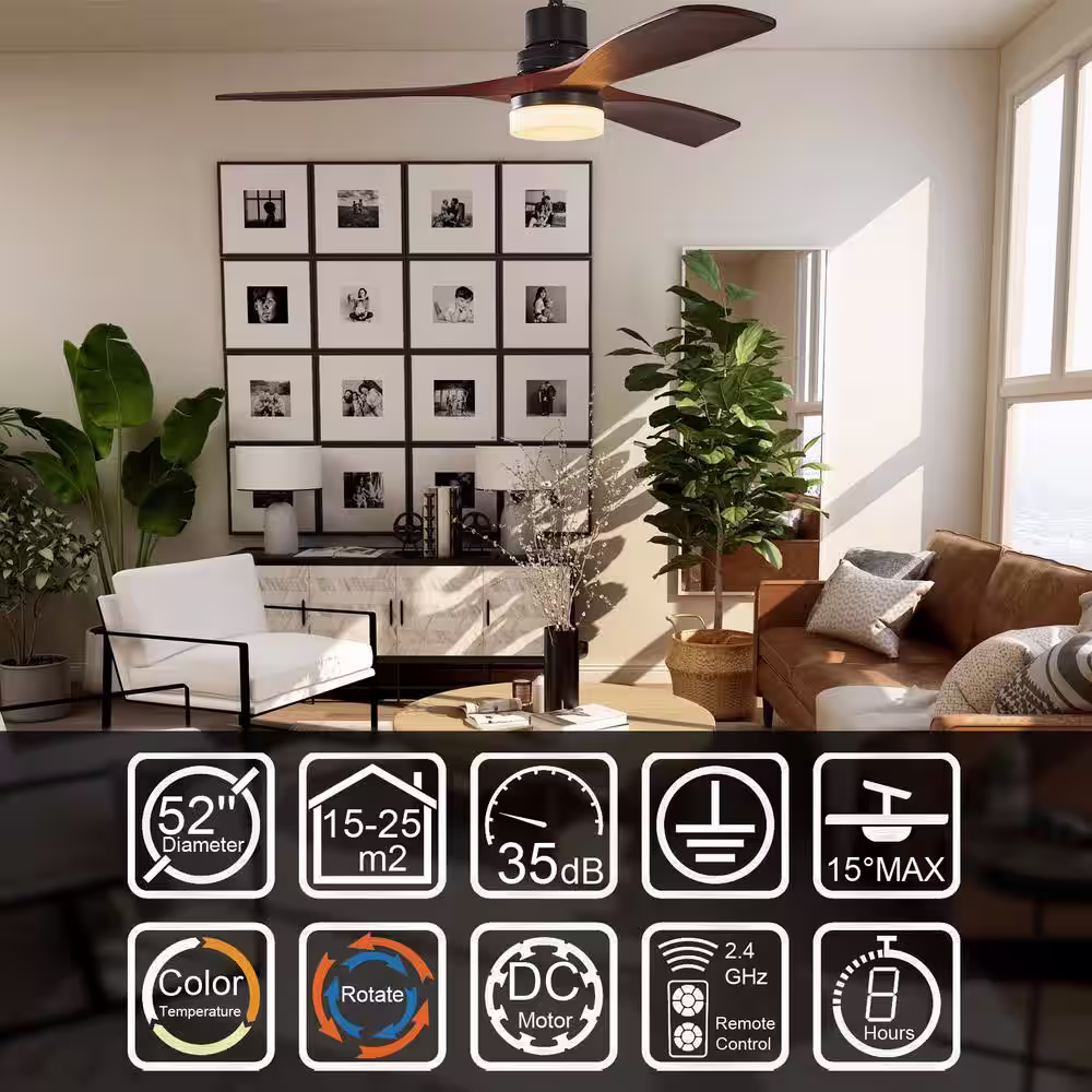 None 52 in. Integrated LED Indoor Matte Black and Cherry Finished Surface Mount DC Ceiling Fan with Light and Remote Control