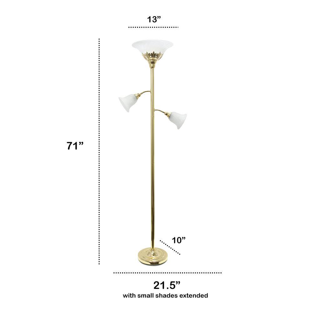 None 71 in. Gold Torchiere Floor Lamp with 2 Reading Lights and White Scalloped Glass Shades