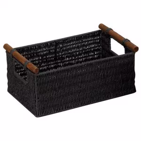 HOUSEHOLD ESSENTIALS Black Stained Paper Rope Basket with Wooden Handle (Set of 3)