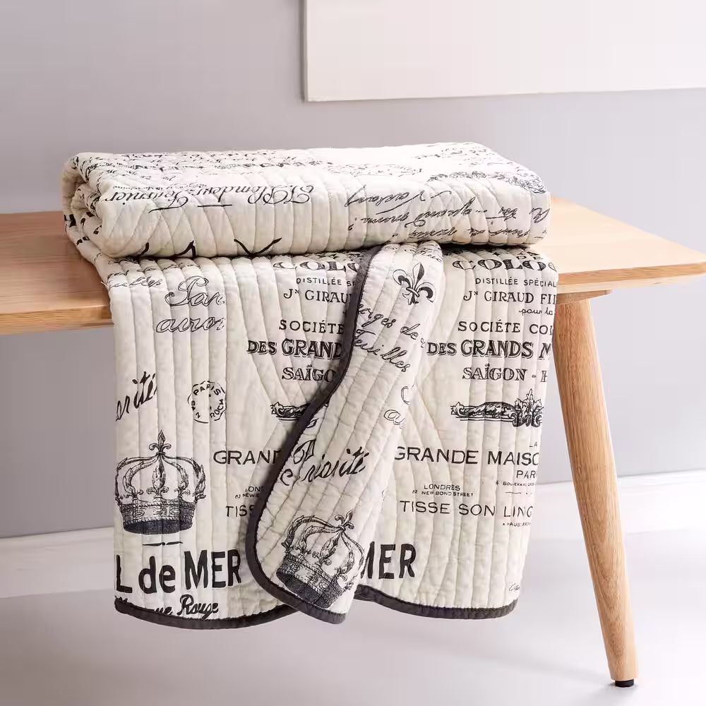 None Histoire Grey, Cream French Script Quilted Cotton Throw Blanket