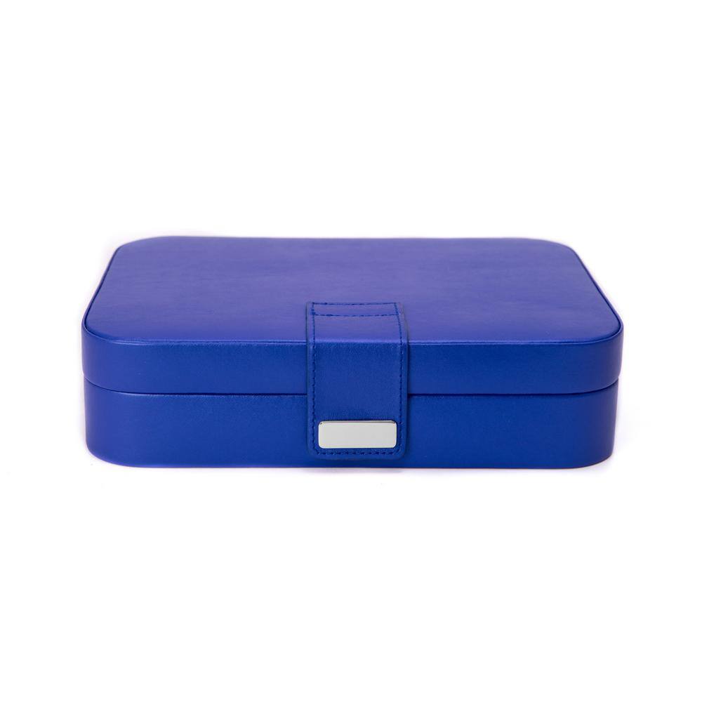 BEY-BERK Blue Leatherette 24 Section Jewel Case with Mirror, Soft Velour Lining and Snap Closure