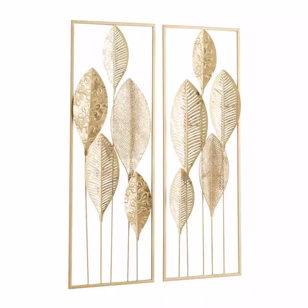 Litton Lane Metal Gold Tall Cut-Out Leaf Wall Decor with Gold Frame (Set of 2)