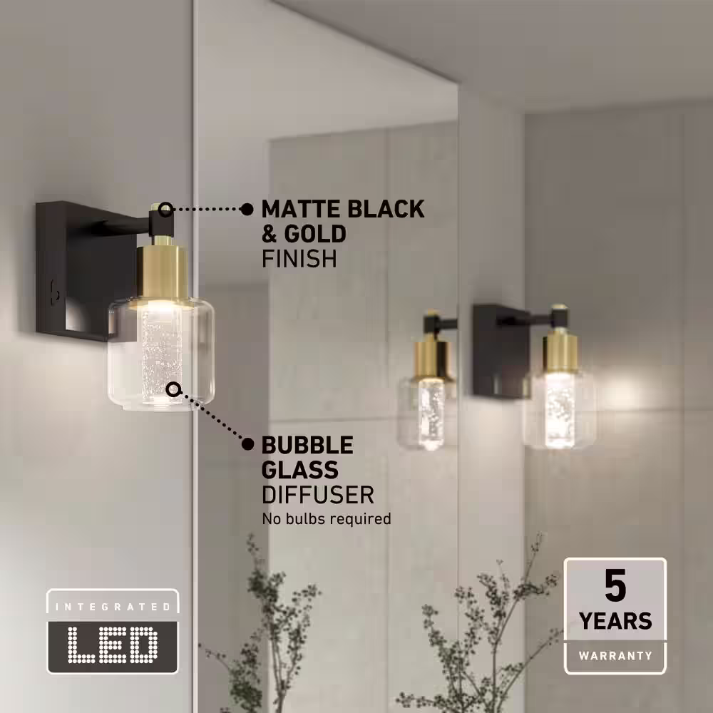 Artika Champagne Globe 5 in. 1-Light Black and Gold Modern Dimmable Integrated LED 5 CCT Wall Sconce for Bathroom