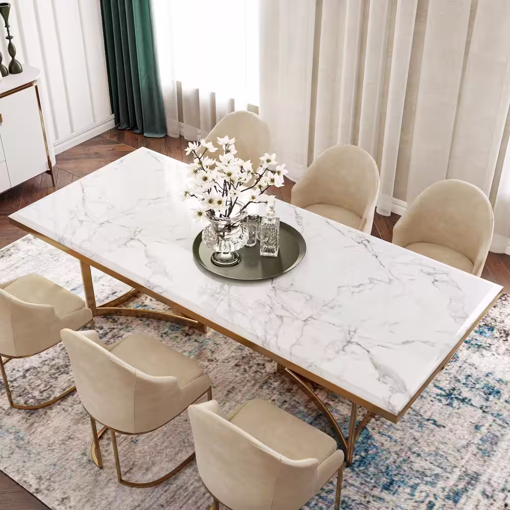 FORCLOVER 71 in. Rectangular Luxury White Marble Modern Dining Table w/Gold Stainless Legs for Kitchen and Dining Room (Seats 8)