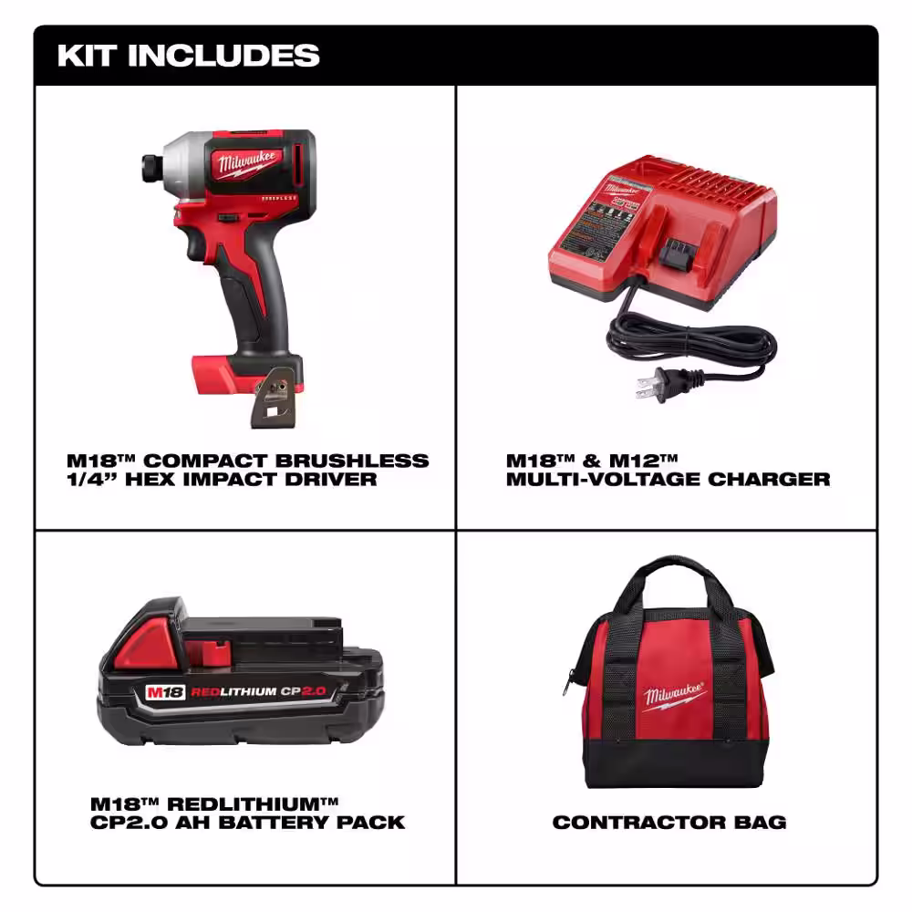 Milwaukee M18 18V Lithium-Ion Compact Brushless Cordless 1/4 in. Impact Driver Kit W/ (1) 2.0 Ah Battery, Charger & Tool Bag