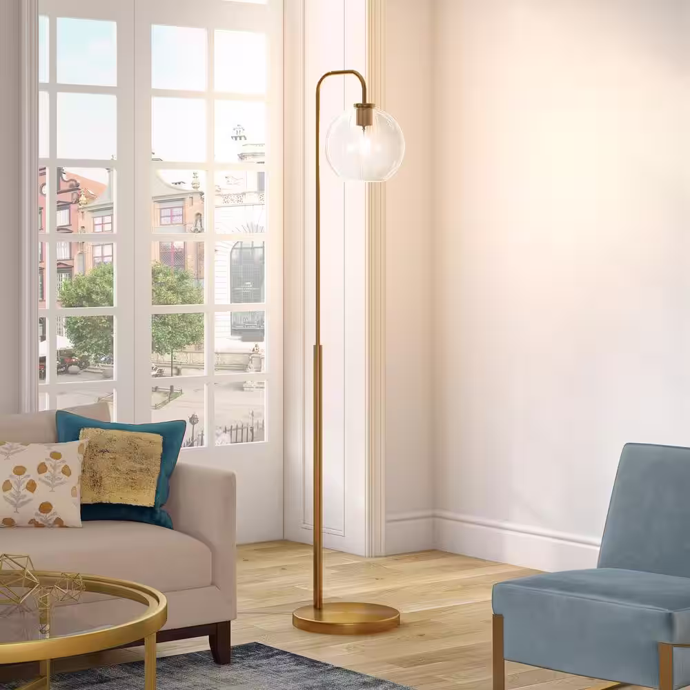 Meyer&Cross Harrison 62 in. Brass Finish Arc Floor Lamp with Glass Shade
