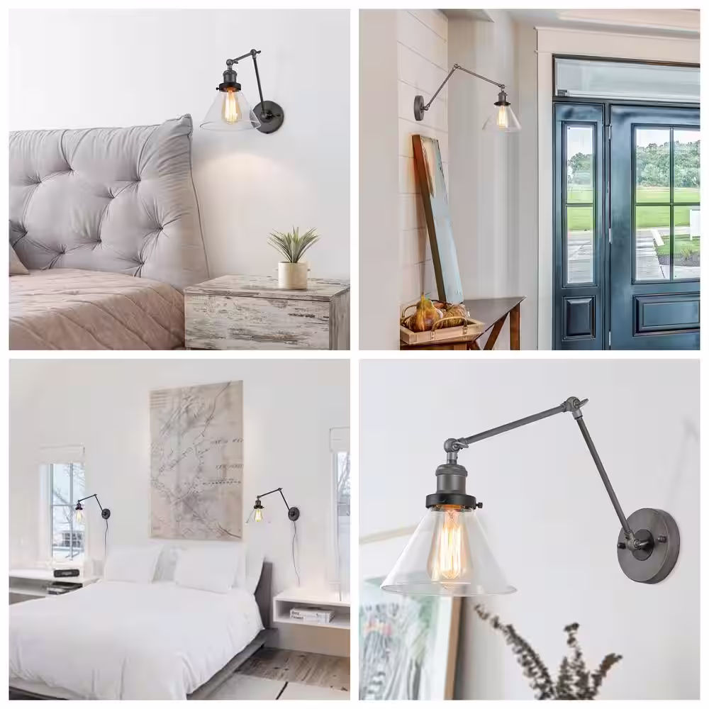 LNC Adjustable 1-Light Black Plug-In or Hardwire Modern Industrial Swing Arm Wall Sconce with Clear Glass Shade