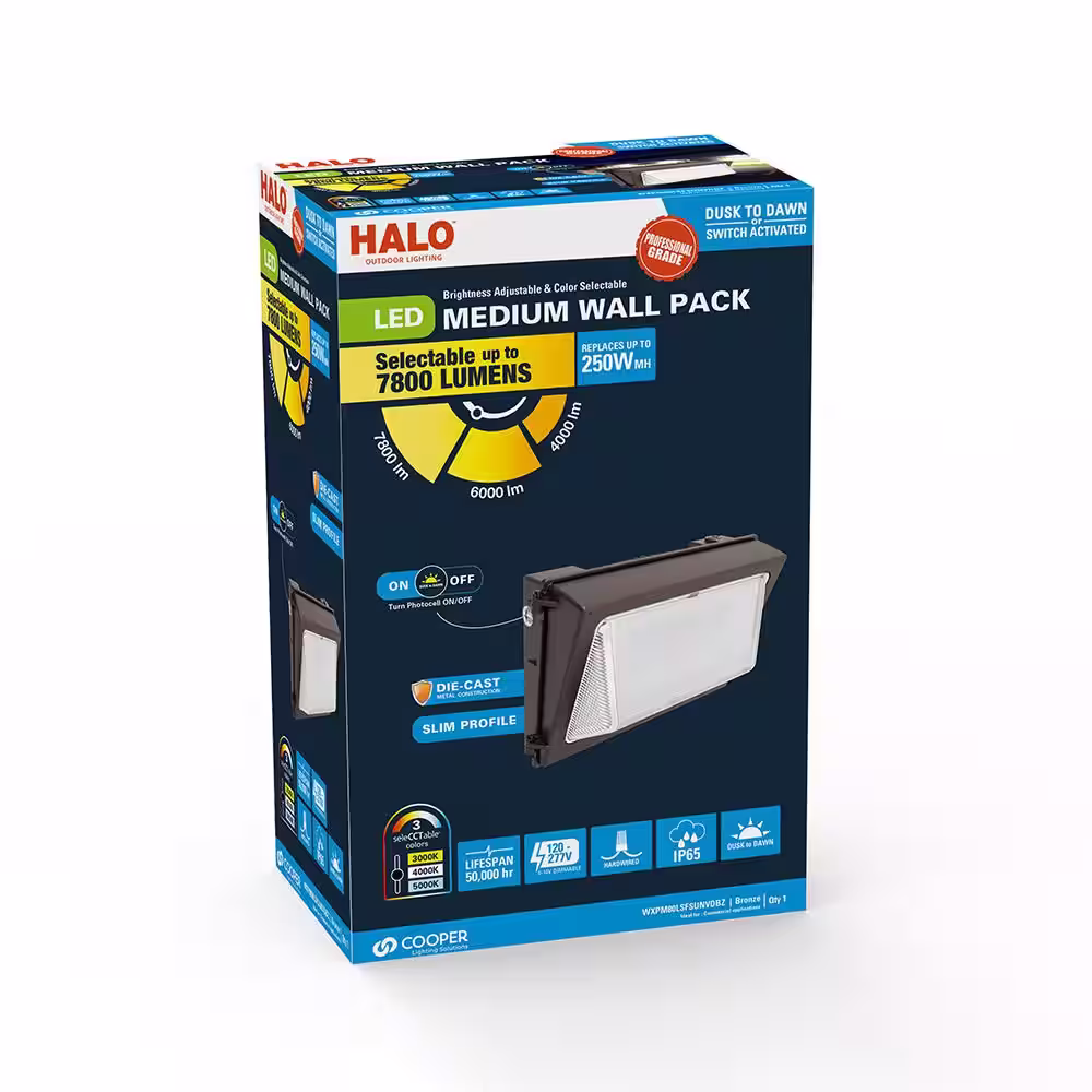HALO WXP 250-Watt Equivalent Integrated LED Bronze Dusk to Dawn Medium Wall Pack Light, Selectable CCT 3000/4000/5000K